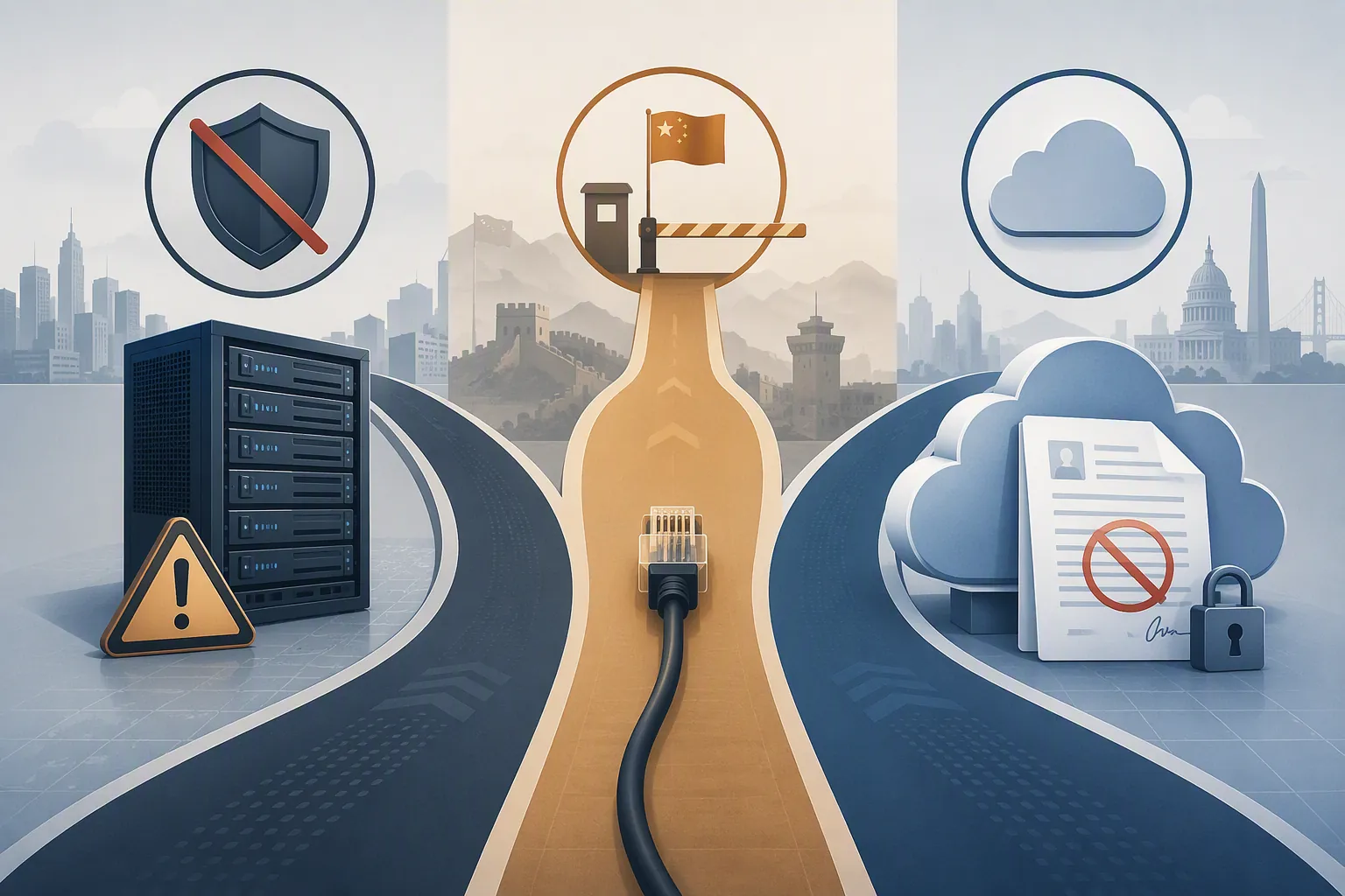Three compliance pathways showing self-hosted servers, a border-crossing data cable, and a cloud with a restricted contract document