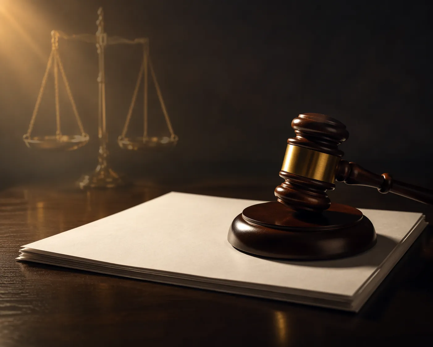 Legal document and gavel on a dark wood desk with scales of justice in the background