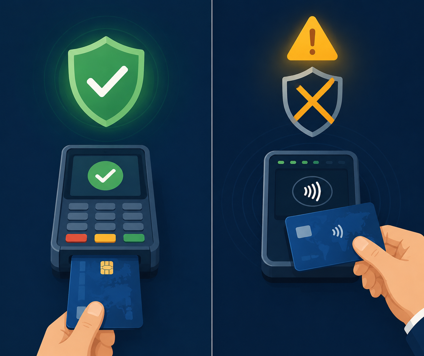 Split illustration comparing chip card insertion with contactless tap liability warning