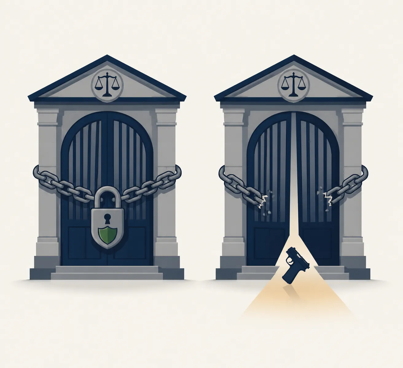 Two legal pathway gates showing one closed route and one gap where a handgun silhouette slips through