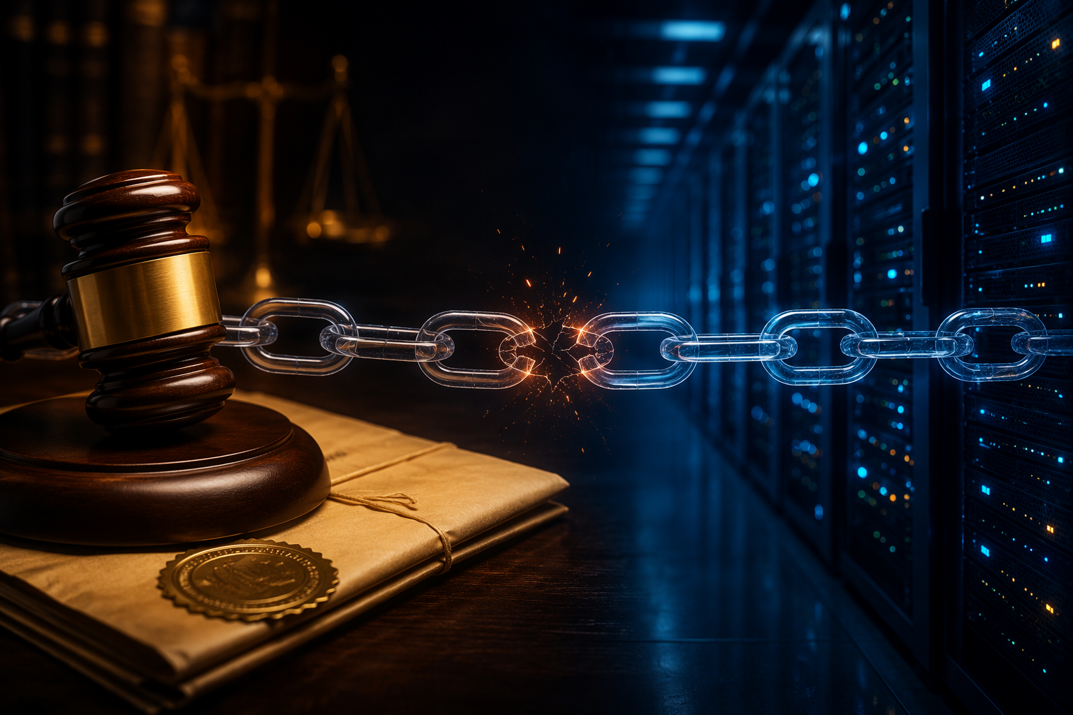 Gavel and legal document connected by a cracked glowing chain to a data center corridor