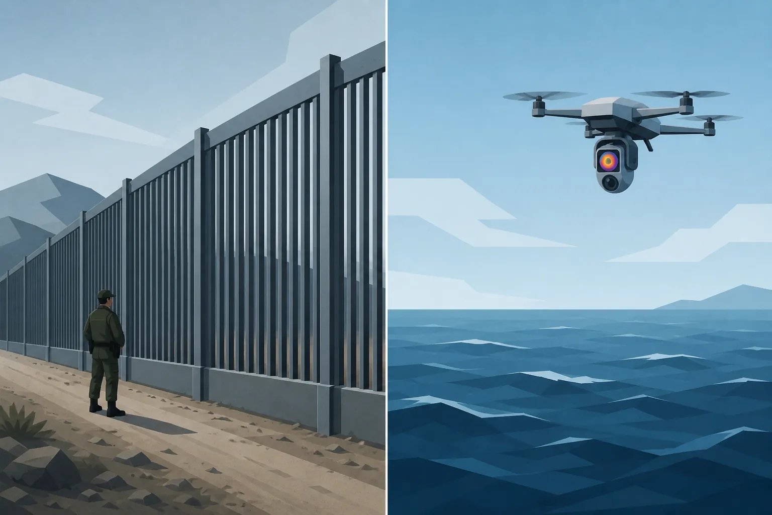 Split illustration contrasting a physical border fence with an open sea monitored by surveillance drone and thermal camera