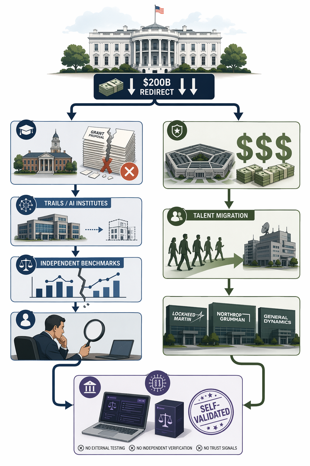 Federal funding split between university grant cancellations, weakened benchmarks, and defense-sector AI spending