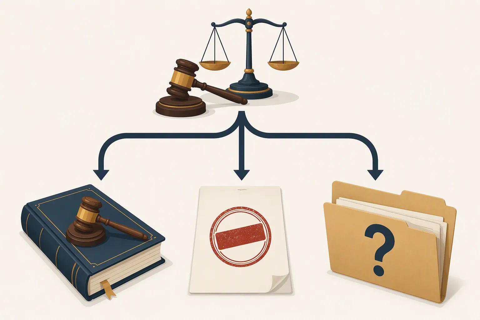 Gavel and scales above three diverging legal case paths