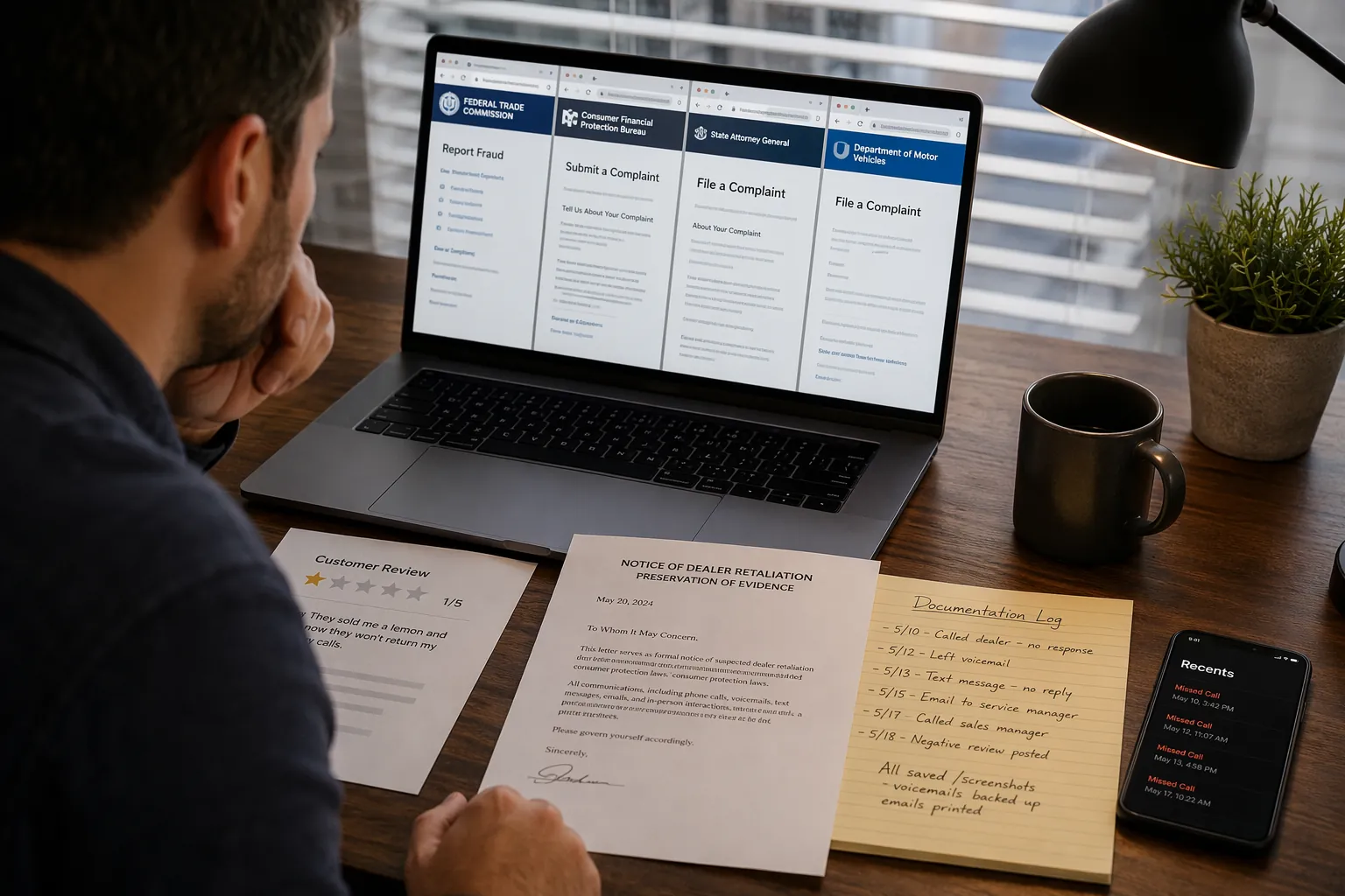 Consumer organizing a bad review screenshot, legal letter, agency website tabs, and phone records before filing complaints