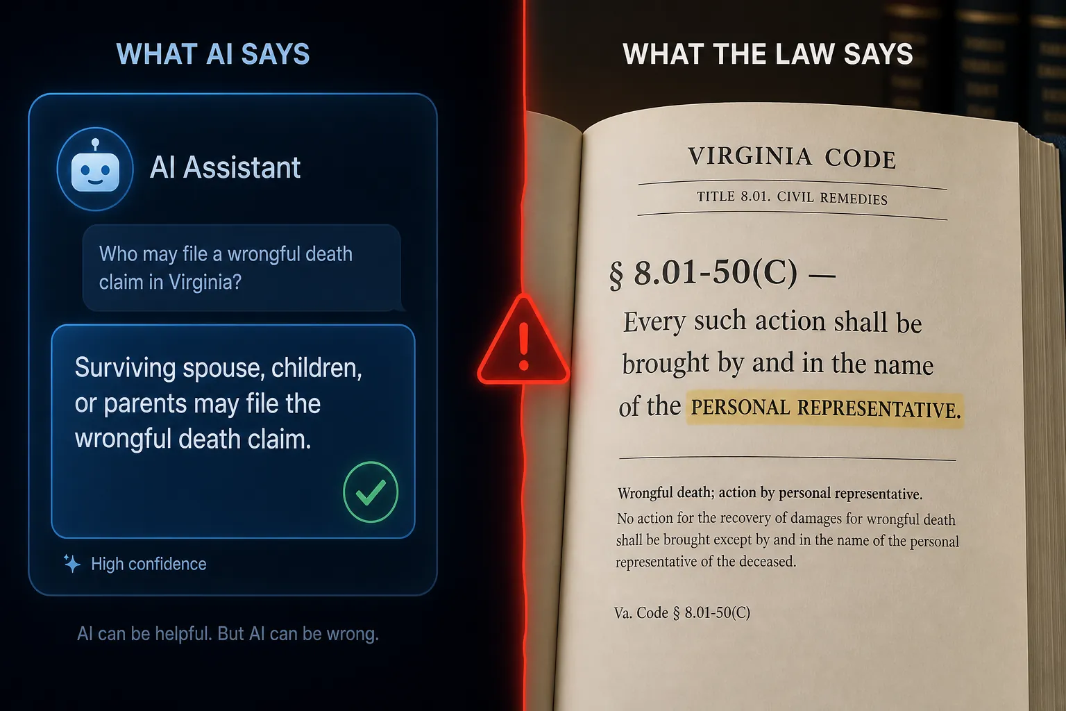 AI chatbot answer contrasted with Virginia Code section 8.01-50(C) highlighting personal representative