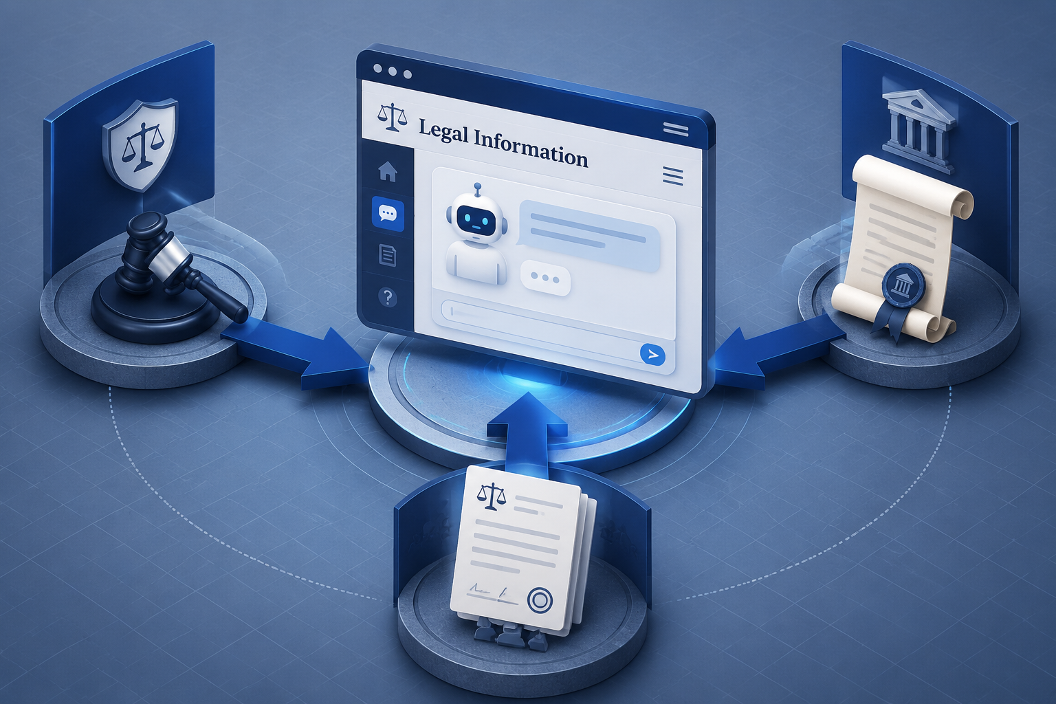 Three regulatory pressure zones converging on a pro se legal information website with a chatbot interface