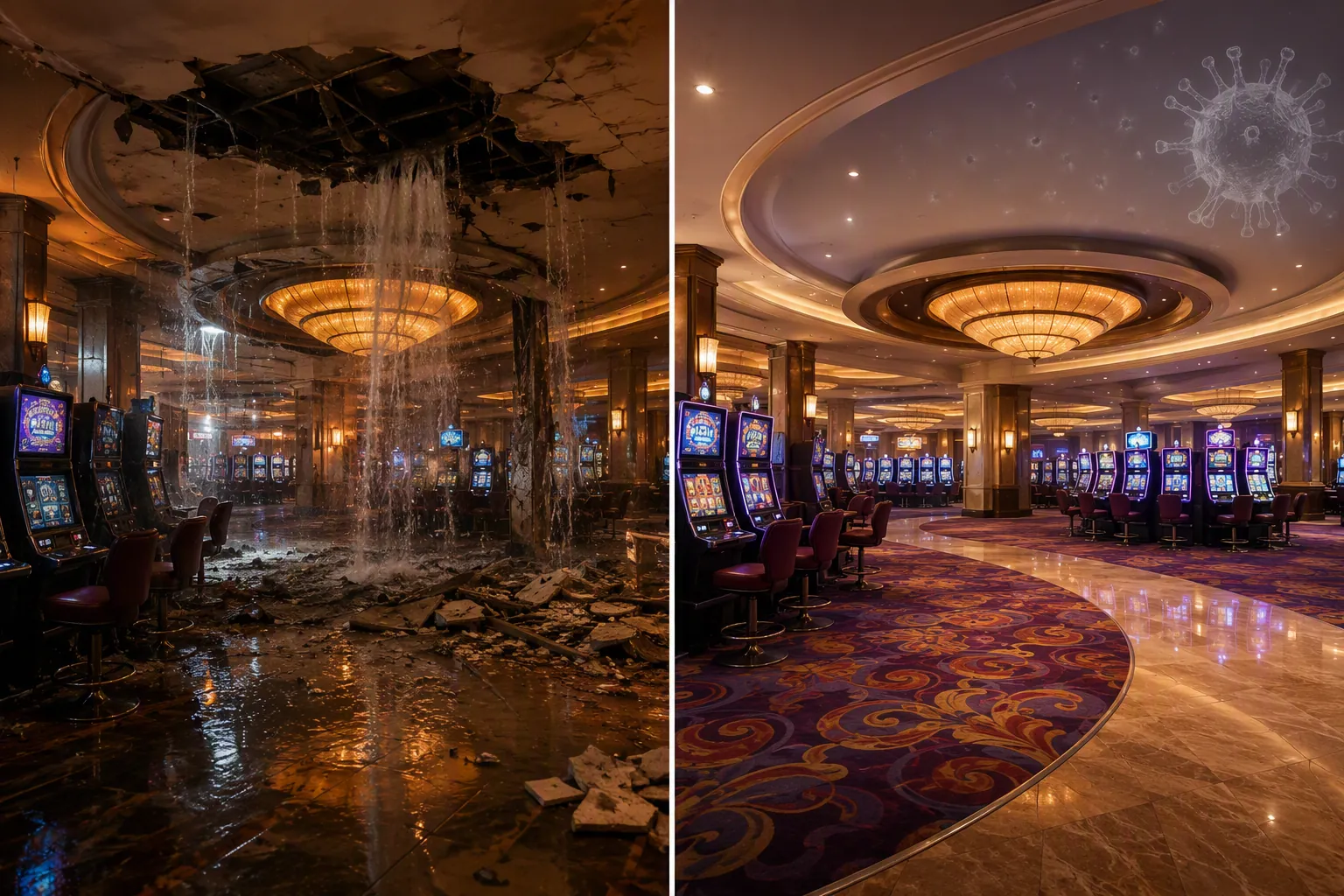 Comparison of a water-damaged casino lobby with a burst pipe and collapsed ceiling section beside a dry casino floor with an abstract pathogen symbol