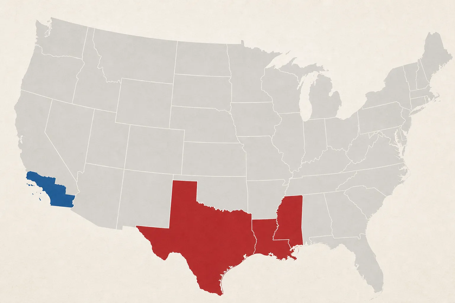 Map highlighting Texas, Louisiana, Mississippi, and the Central District of California to illustrate the current bond-hearing jurisdictional split