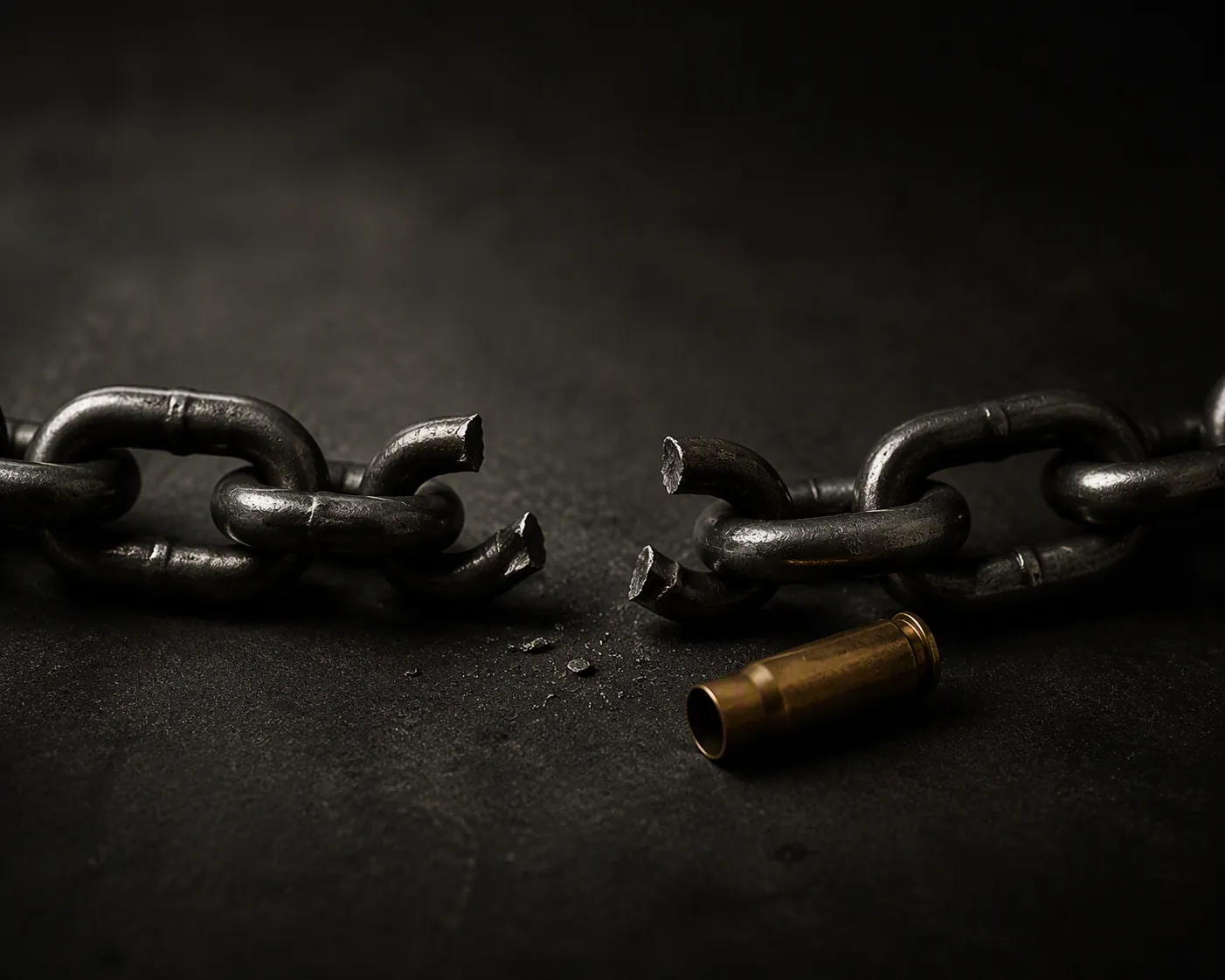 Broken steel chain with a brass shell casing beside the missing links