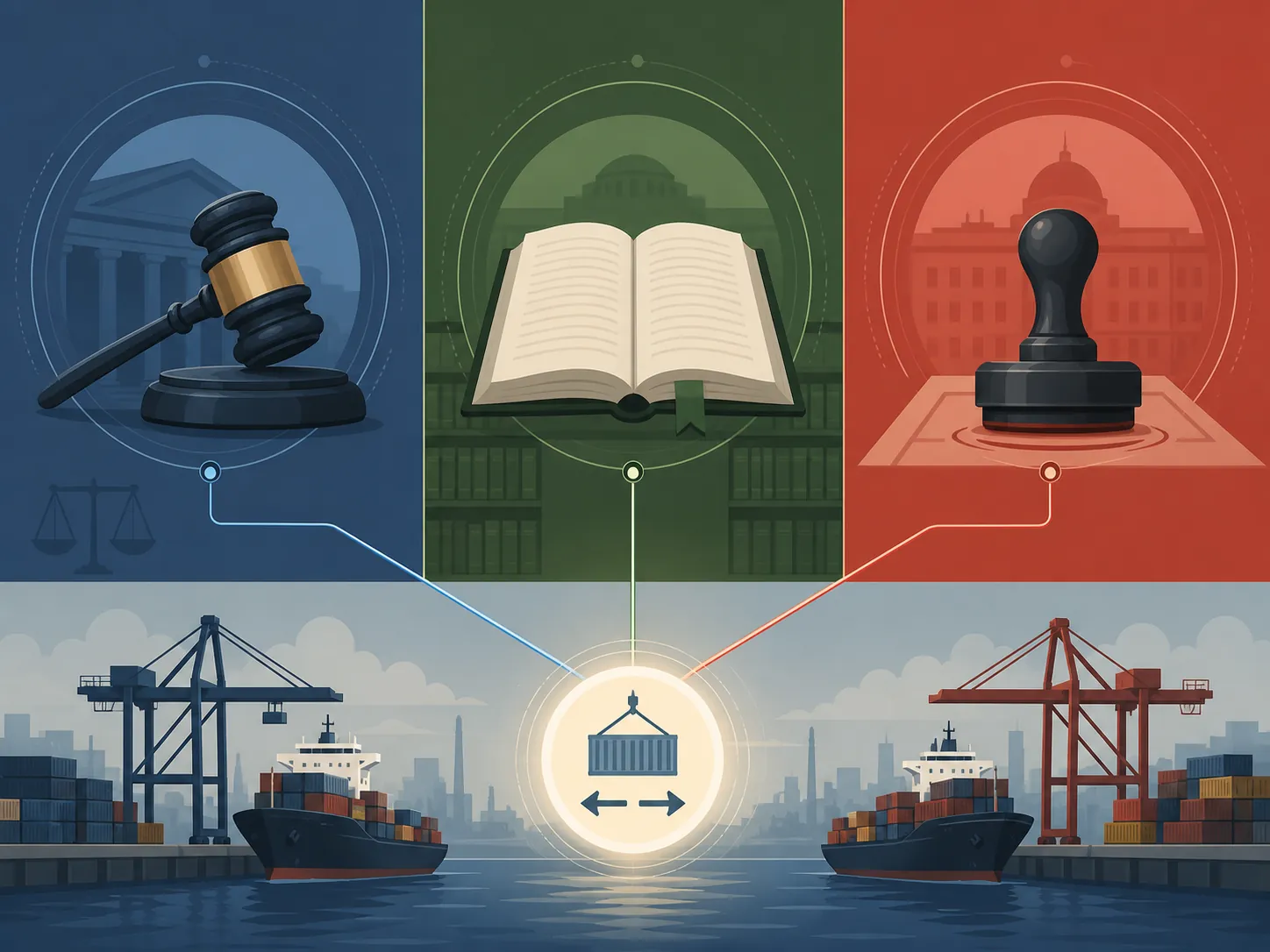 Three jurisdictional legal symbols connected to one cargo exchange