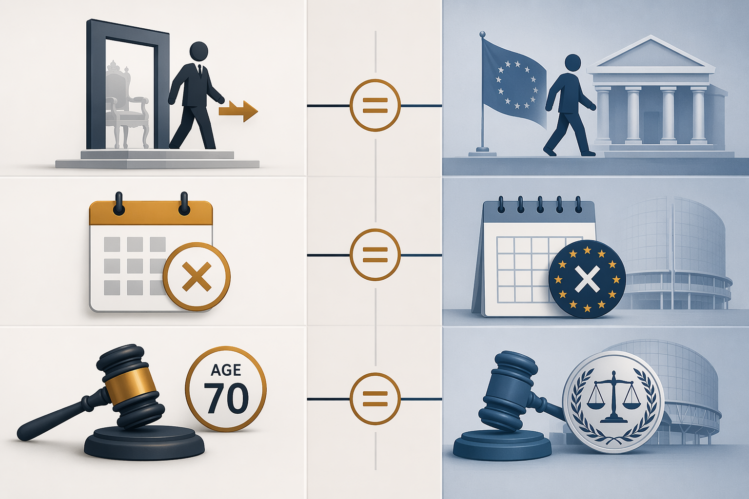 Comparison framework linking presidential removal, retroactive limits, and judicial retirement caps to European legal standards