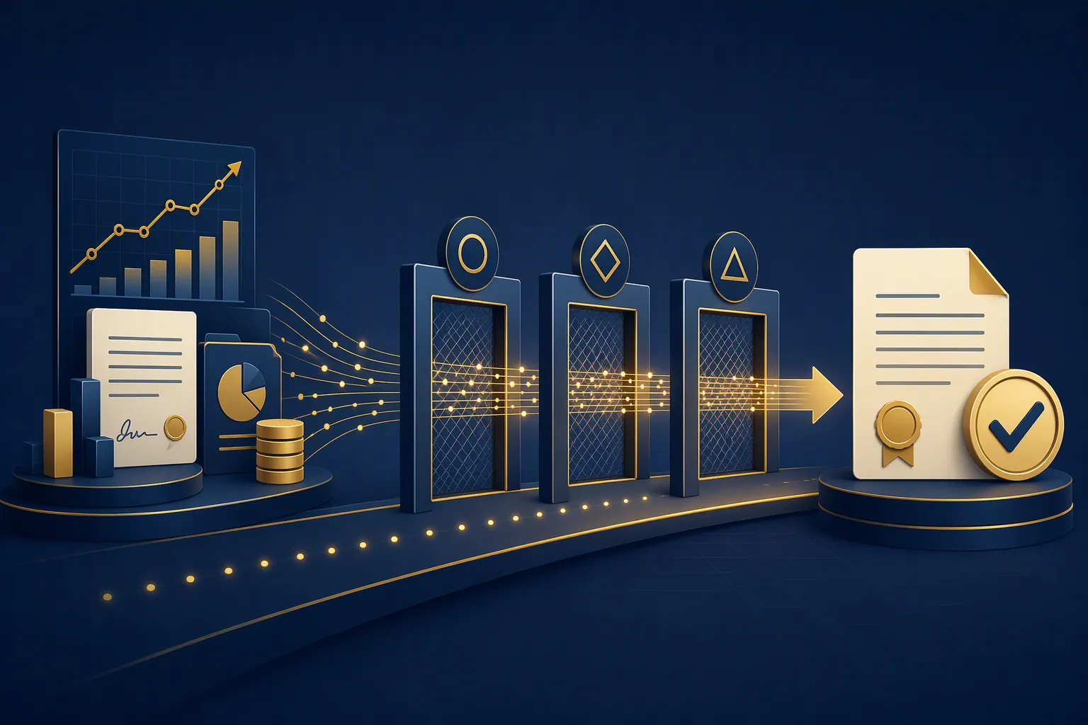 Pathway from financial growth indicators through legal verification gateways to a checked legal document