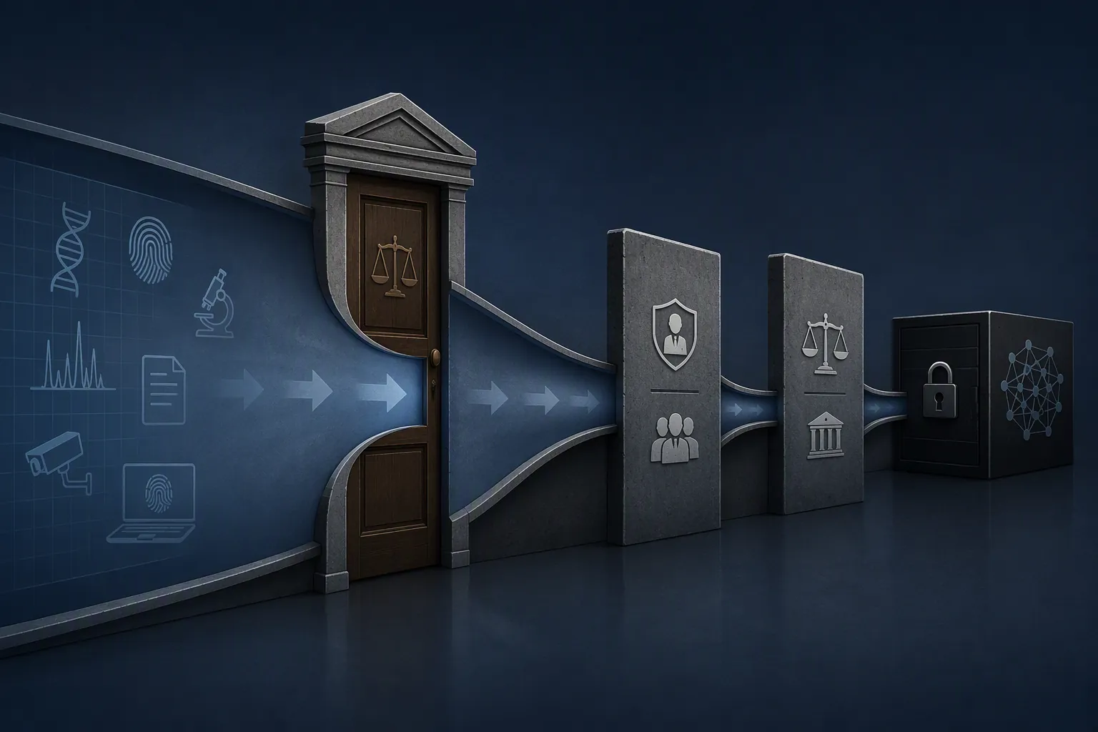 Forensic evidence pathway narrowing through a plea gate into post-conviction relief barriers before an unreachable proprietary forensic algorithm