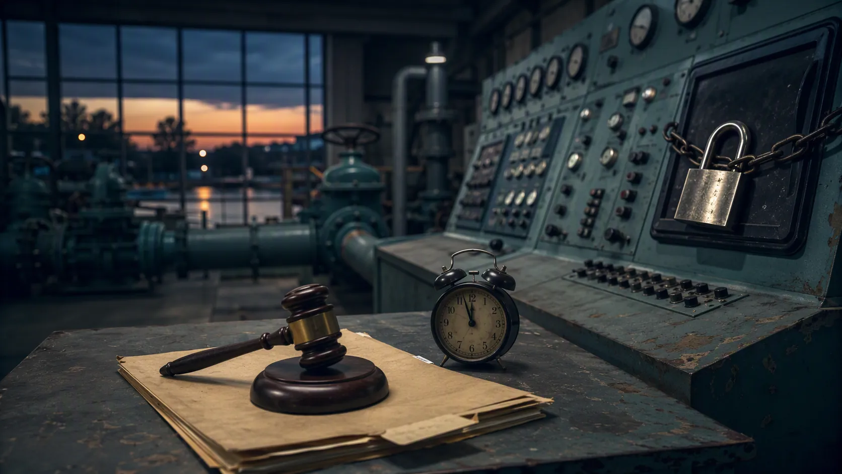 Municipal water control room with locked control panel and legal case file