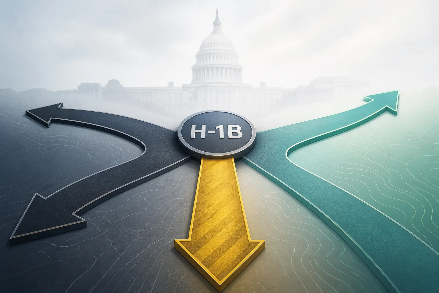 Four legislative arrows diverging from a central marker with the U.S. Capitol in the background