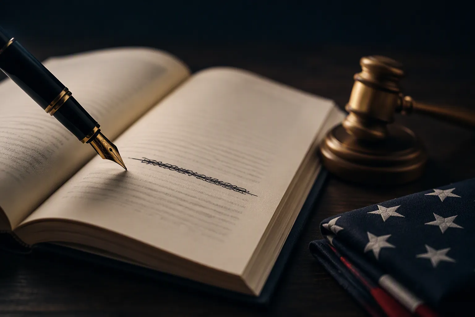 Fountain pen over an open statute book with a gavel and small American flag nearby