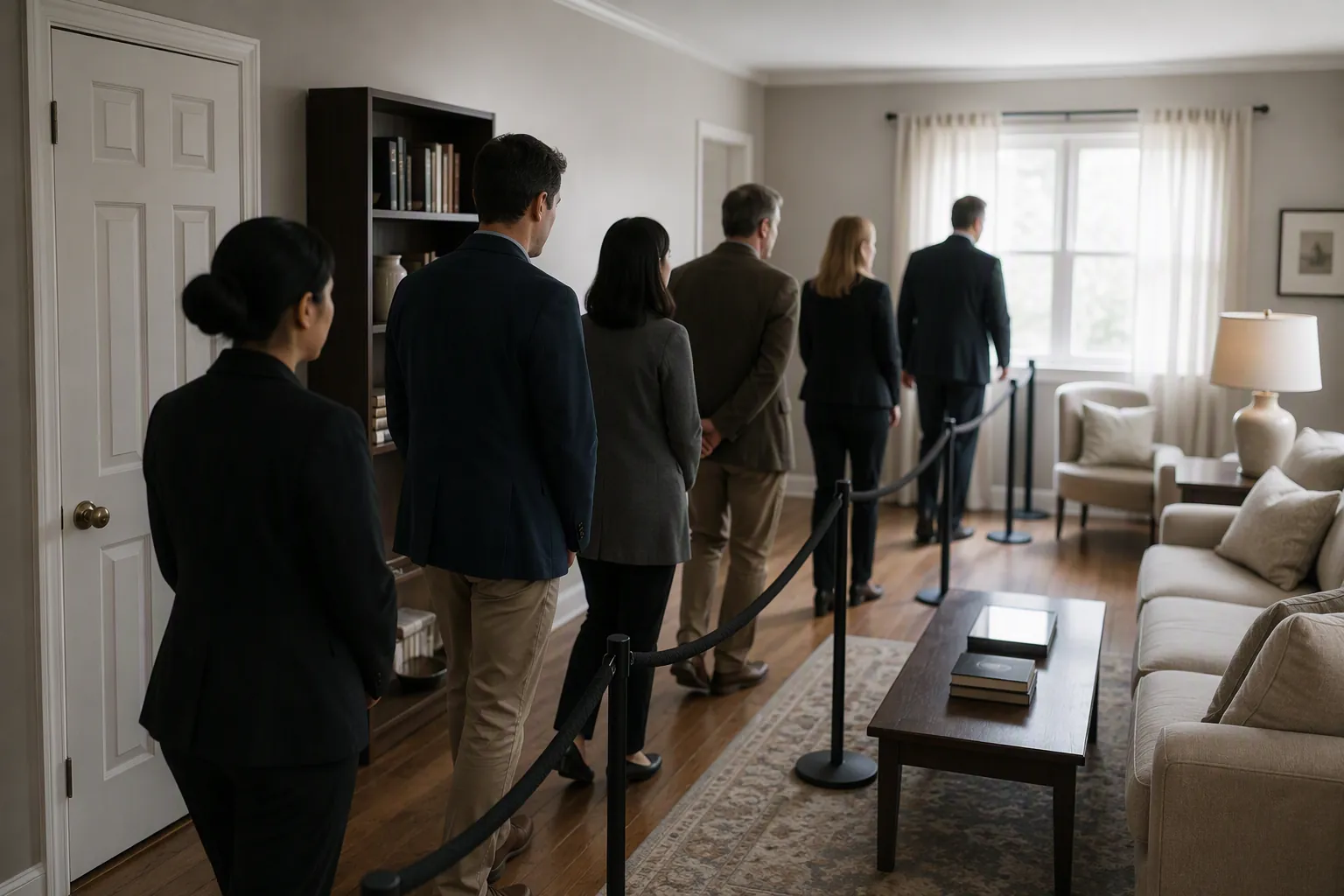 Small group of adults walking single file through a tidy suburban living room under controlled court-view conditions