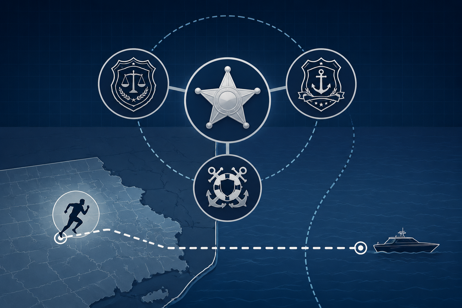 Interagency fugitive task-force diagram showing law enforcement and maritime authority bridging land and sea jurisdictions
