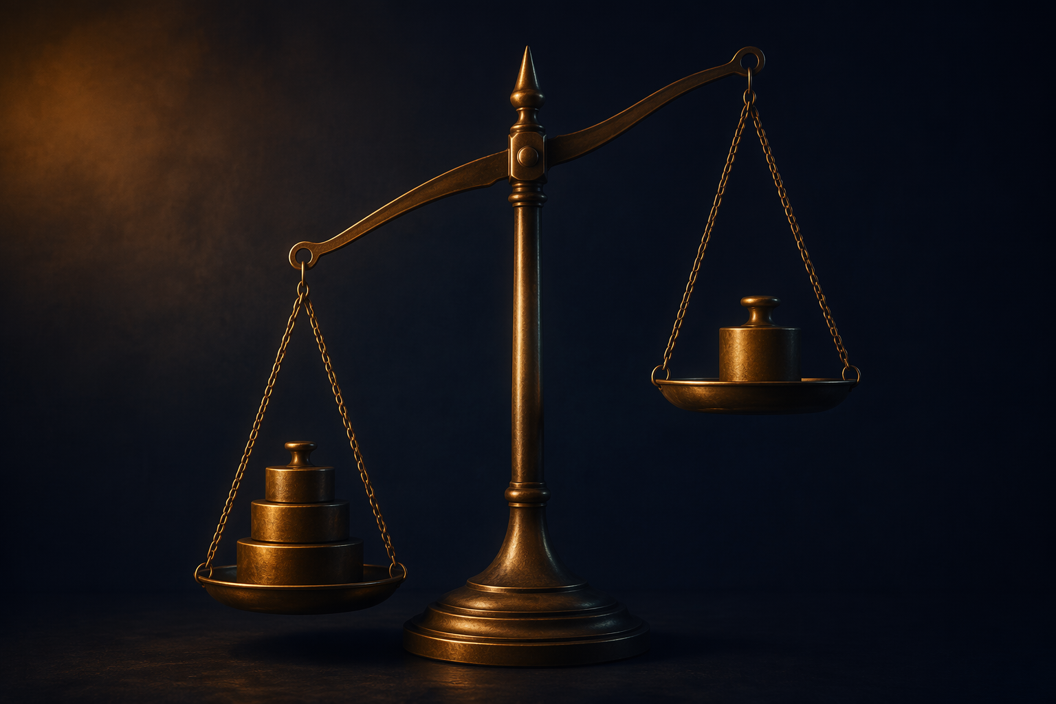 A bronze justice scale with stacked weights on one side and a single weight on the other.
