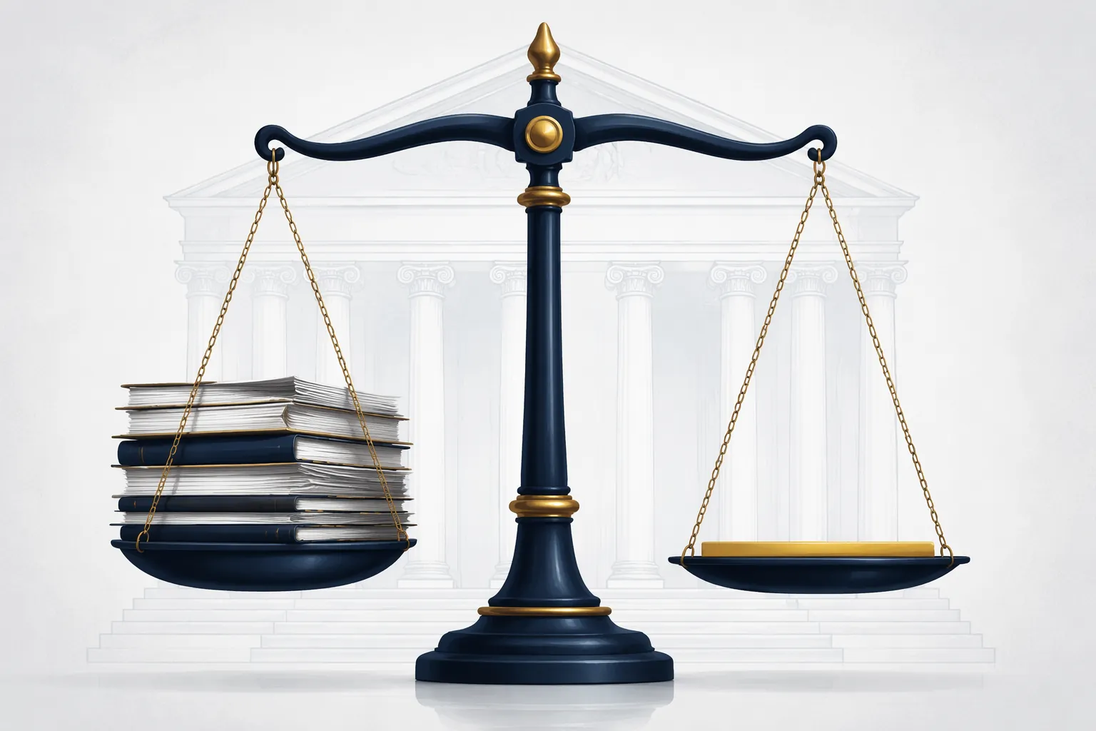 Balance scale showing legal documents and a low relevance bar in front of courthouse columns