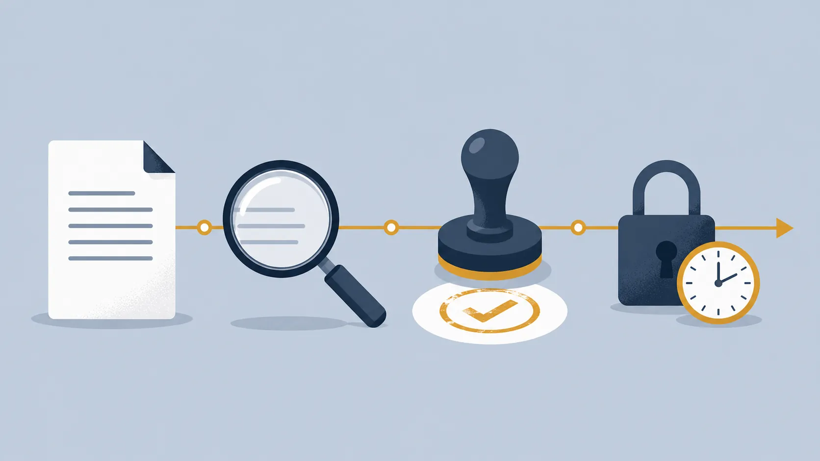A four-step process showing document review, verification, approval, and timestamped record-keeping