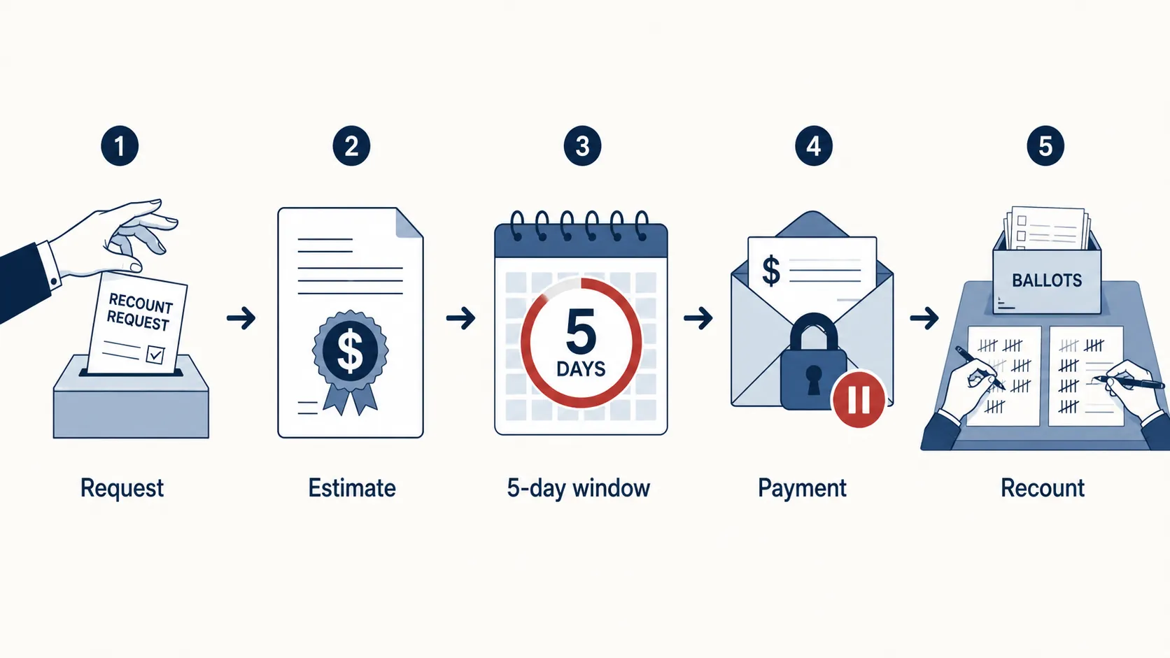 Editorial process diagram showing the discretionary recount payment sequence from request to canvass, prepayment window, withheld payment, and ballot recount.