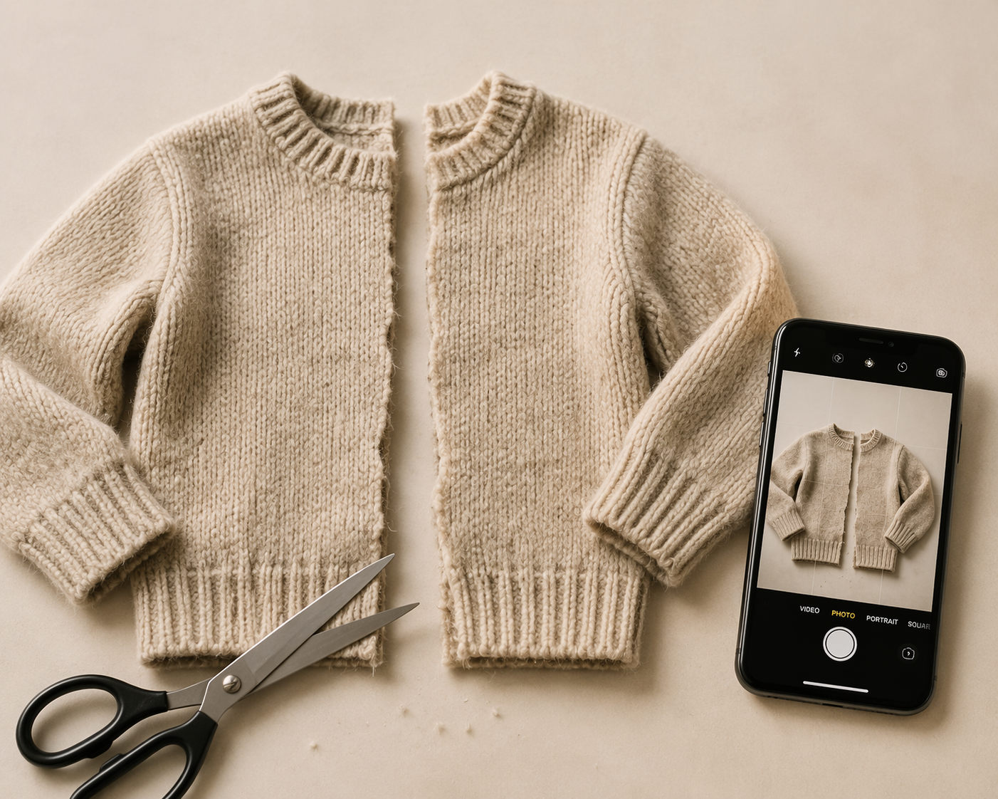 Sweater being cut in half with scissors beside a phone for photo proof