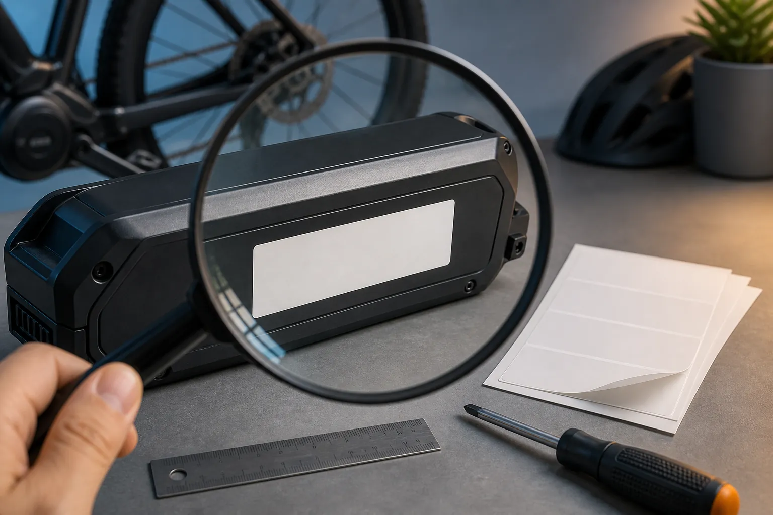 Lithium-ion e-bike battery pack with a blank compliance label examined under a magnifying glass