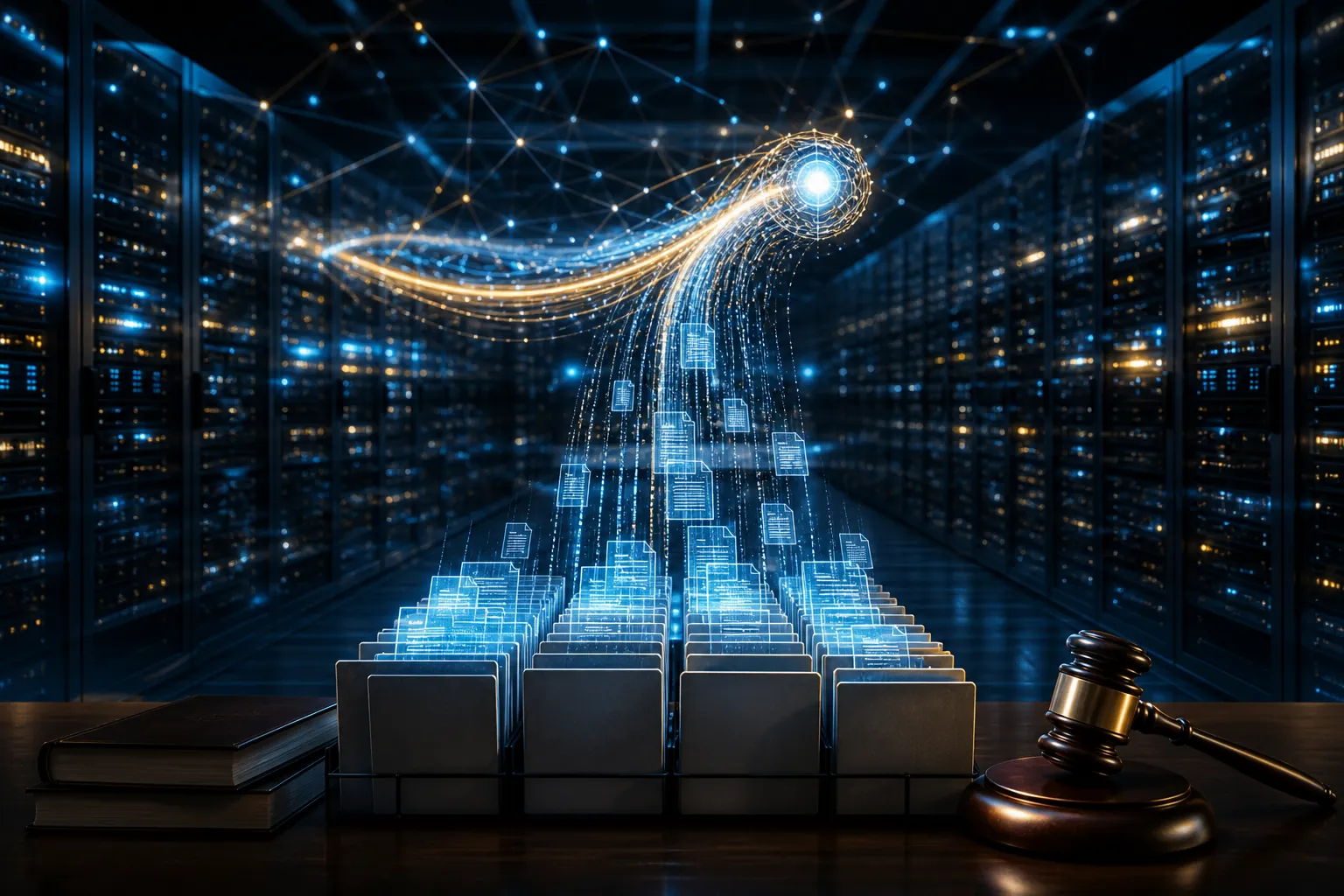 Dark data-center corridor with neural-network streams, archival folders, and a gavel symbolizing machine-generated logs preserved as legal evidence