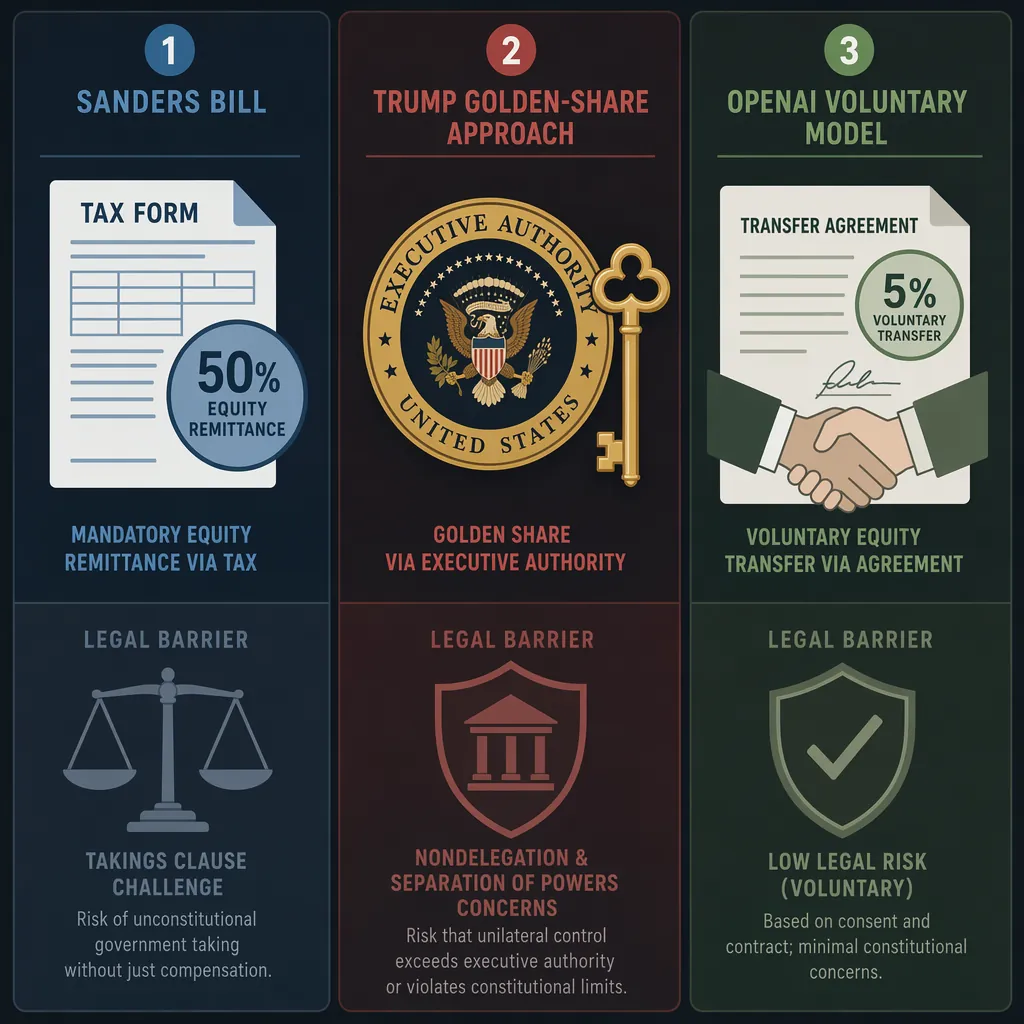 Three-column comparison of Sanders, Trump, and OpenAI ownership mechanisms and legal barriers