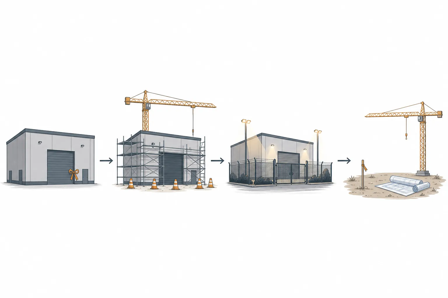 Diagram of a facility pipeline from purchased warehouse to paused conversion, operating facility, and new construction site