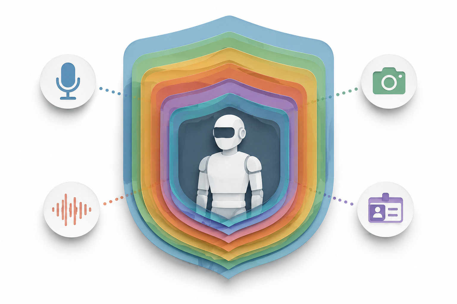 Humanoid robot silhouette surrounded by federal statute layers and icons for voice capture, facial imaging, behavioral logs, and student-linked profiles