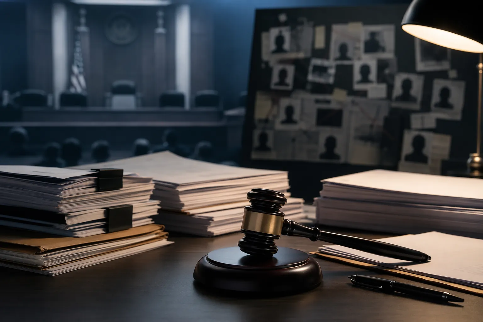 Gavel, documents, and application forms on a desk with courtroom and wanted-poster silhouettes in the background