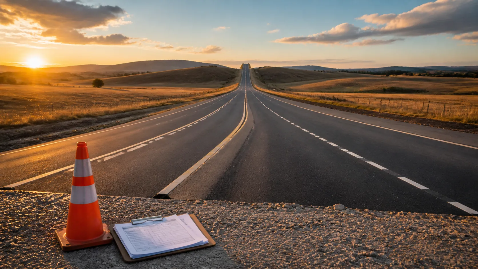 Rural highway with four lanes, a safety cone, and regulatory papers on the shoulder