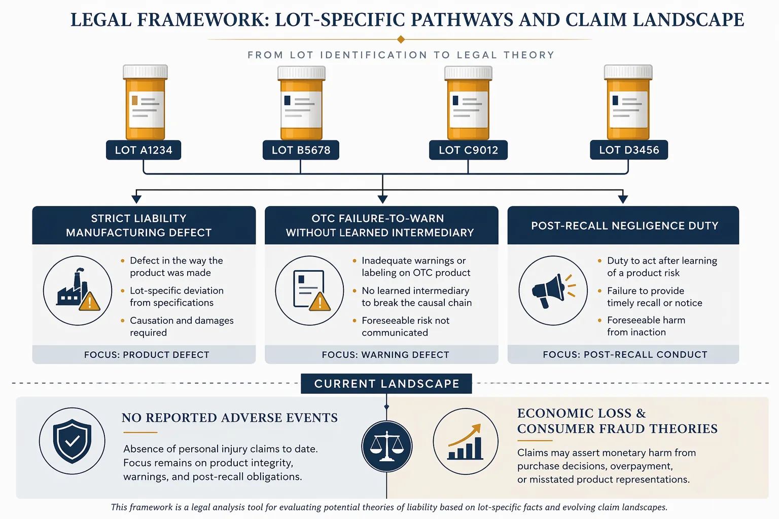 Legal framework showing four recalled pill bottles flowing into strict liability, failure-to-warn, and post-recall negligence theories