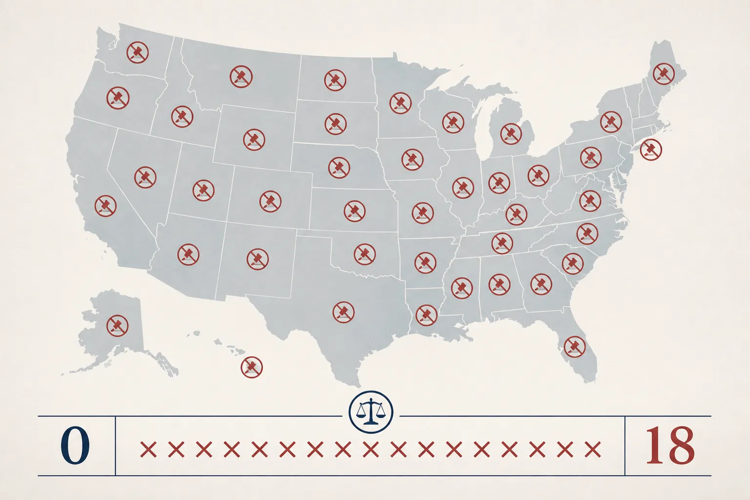 United States map with judicial rejection markers and a 0 to 18 tally