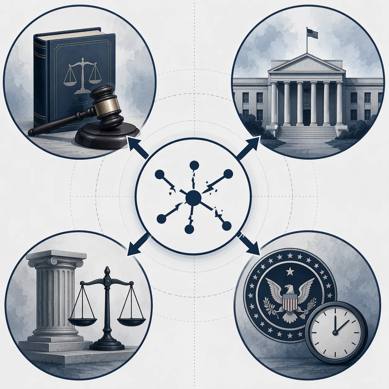 Diagram of legal risk paths from a disrupted network node to state, federal, court, and reporting obligations