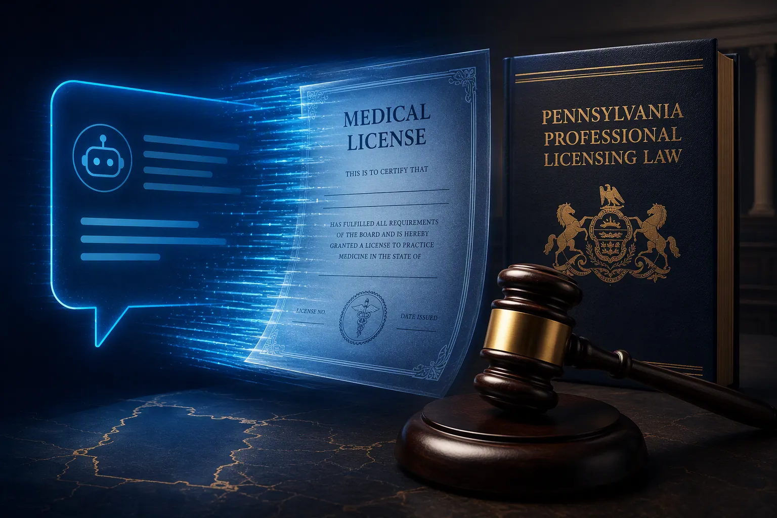 AI chatbot bubble morphing into a medical license beside a gavel and Pennsylvania law book