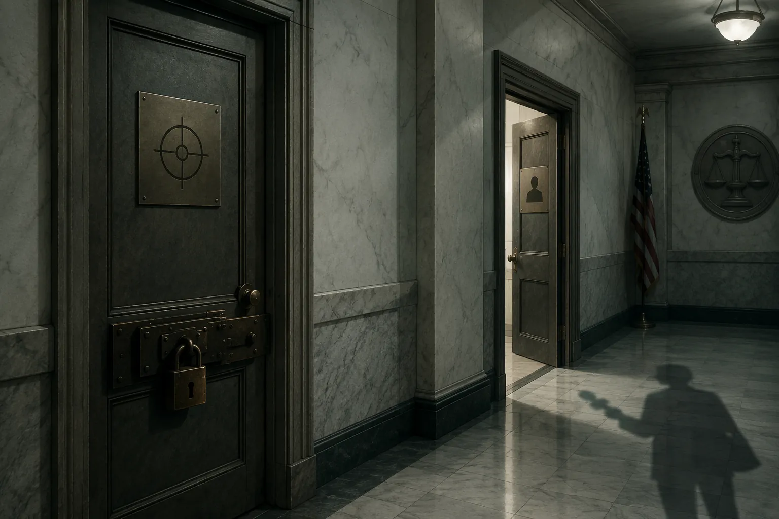 Institutional hallway with target and material witness doors and a journalist's shadow approaching