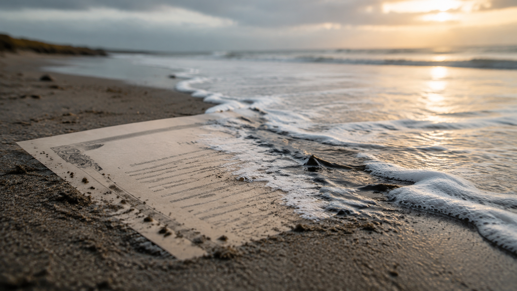 A mortgage document partly buried in wet coastal sand as waves blur the ink
