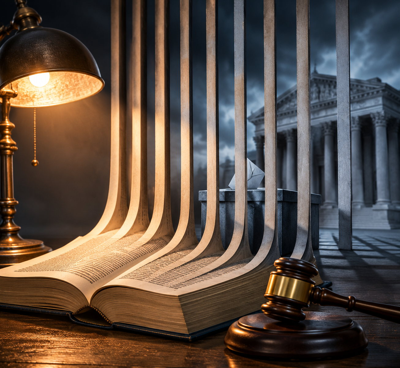 Open law book and gavel with pages turning into prison bars over a ballot box and courthouse