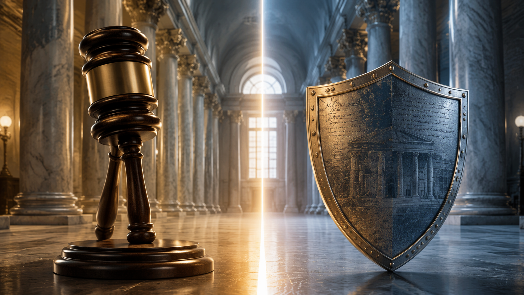 Federal courthouse interior with a gavel and protective shield divided by a bright constitutional boundary