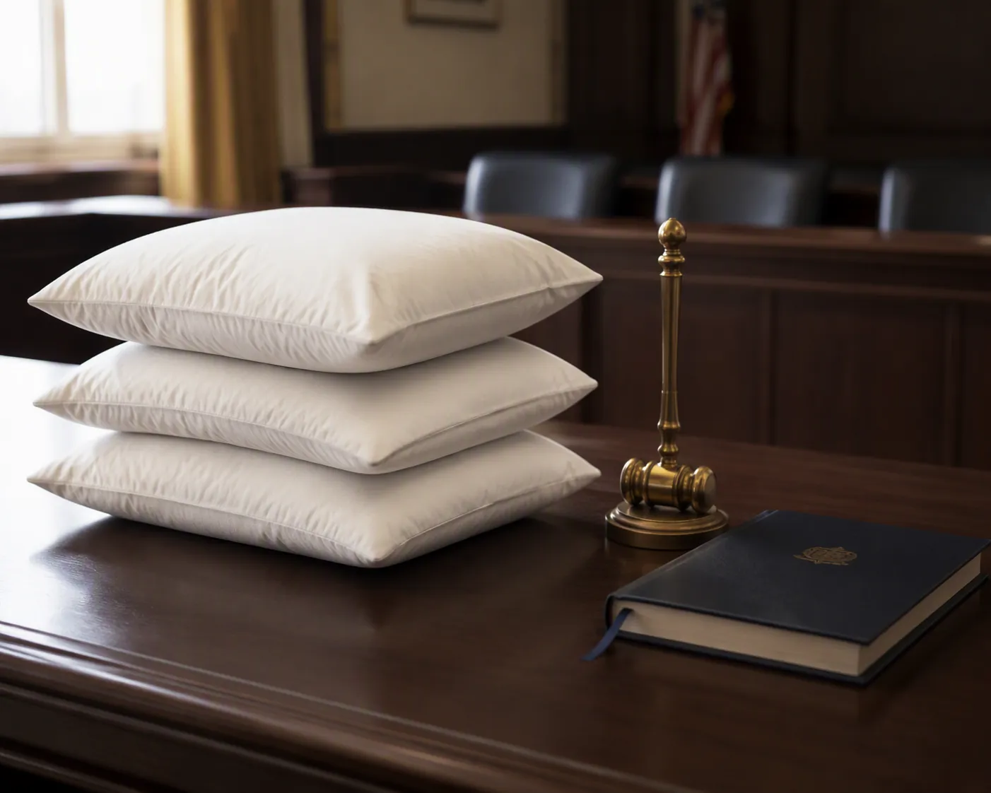 Stack of plain white pillows beside a brass gavel and a closed statute binder on a hearing-room table