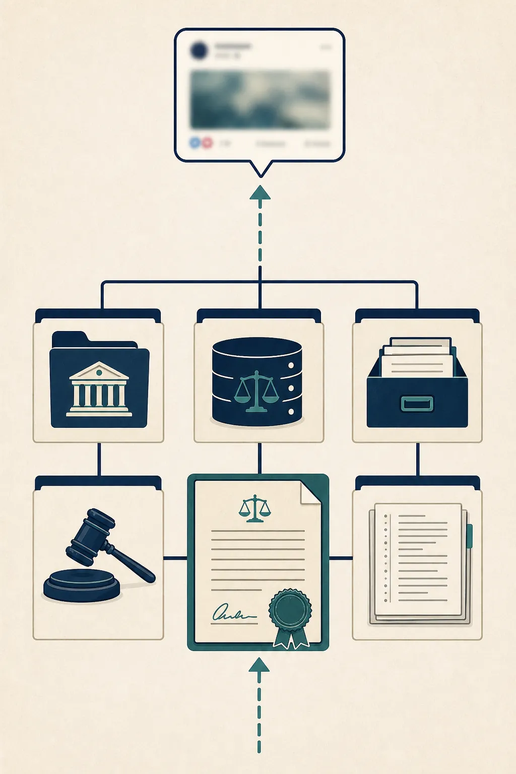 Source-lineage map from a viral post through government portal, docket database, and document archive to court materials