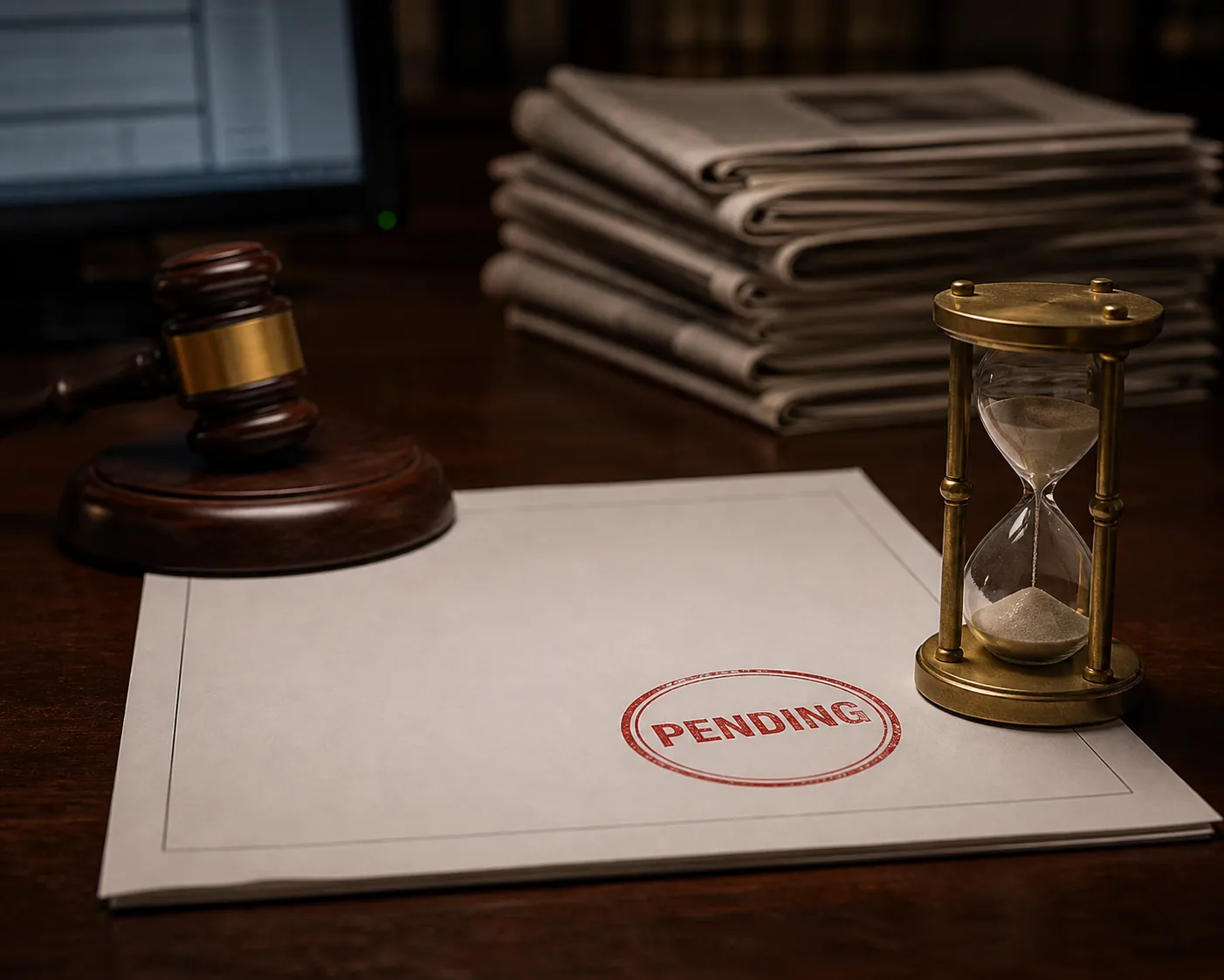 Legal document stamped pending beside an hourglass