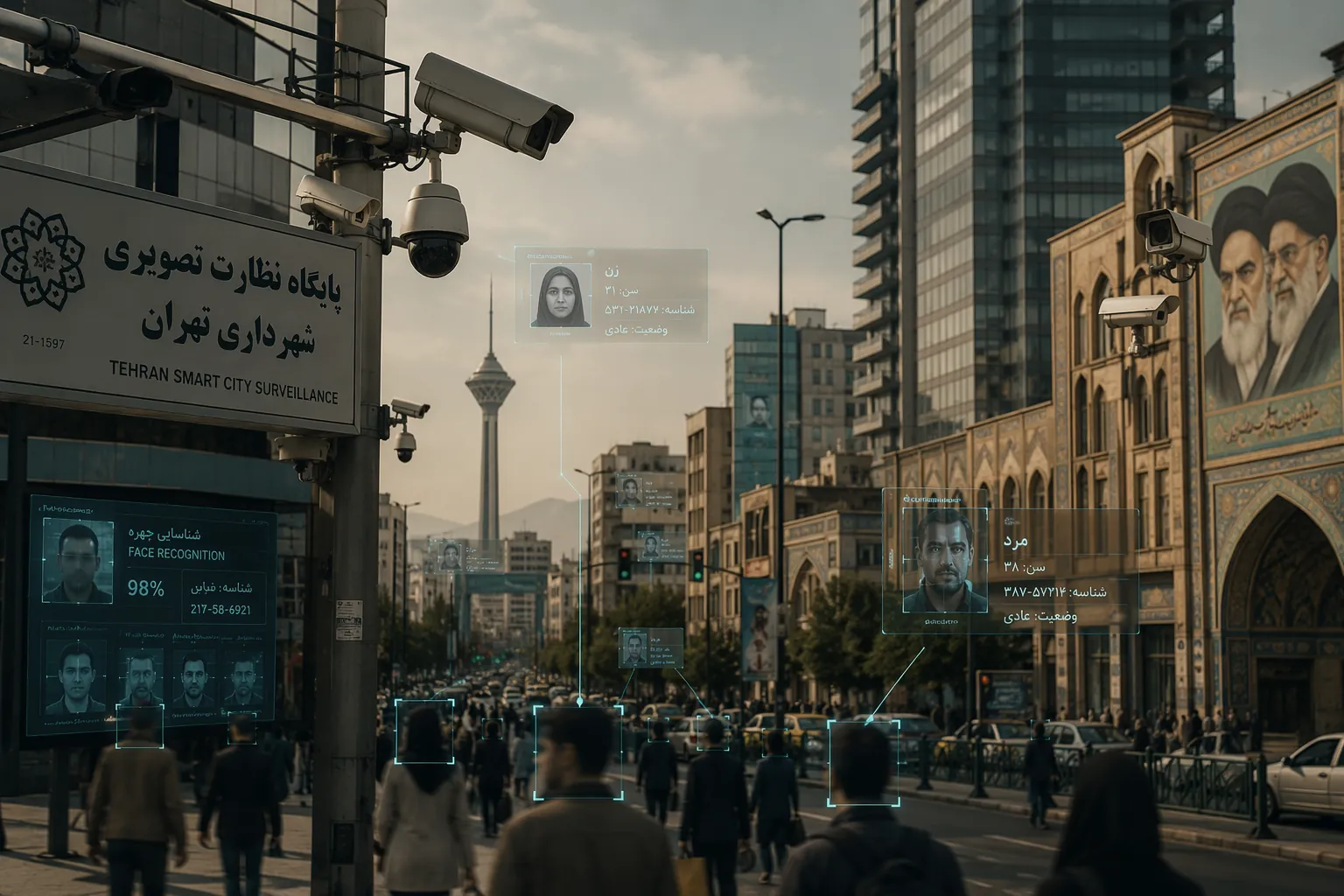 Tehran street scene with surveillance cameras and facial-recognition tracking overlays on pedestrians