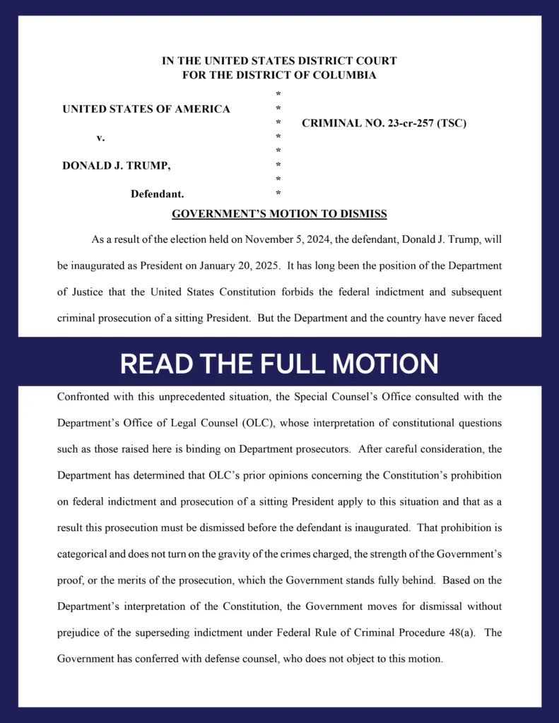 First page of Special Counsel Jack Smith motion to dismiss the federal election-interference case against Donald Trump