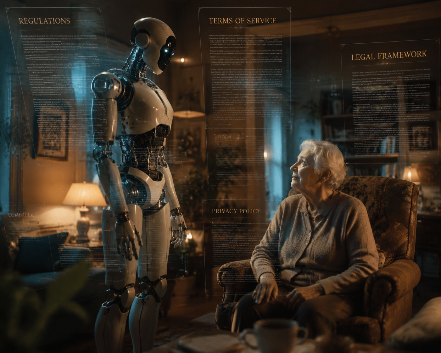 Humanoid robot beside an elderly person in a dim home living room surrounded by floating legal document textures