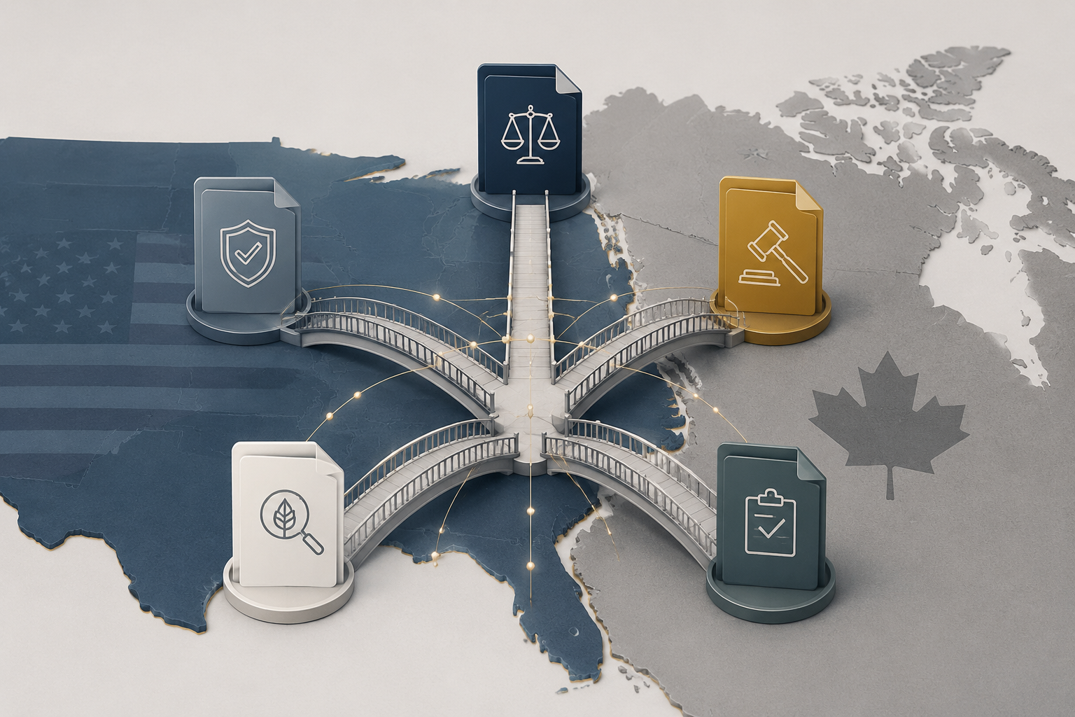 Five document folders branching across a subtle U.S.-Canada border line